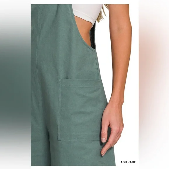 NWT Zenana Woven Stretchy Knot Tie Green Overalls - Picture 3 of 6